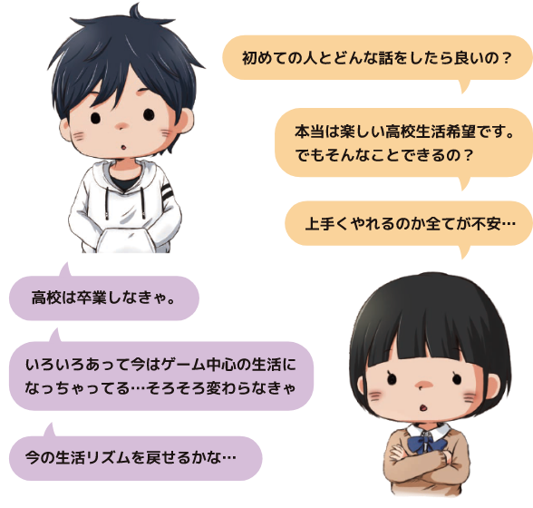 「高校は卒業しなきゃ。」「いろいろあって今はゲーム中心の生活になっちゃってる…そろそろ変わらなきゃ」「今の生活リズムを戻せるかな…」「初めての人とどんな話をしたら良いの？」「本当は楽しい高校生活希望です。でもそんなことできるの？」「上手くやれるのか全てが不安…」